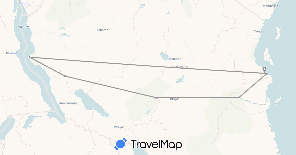 TravelMap itinerary: driving, plane in Tanzania (Africa)